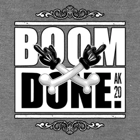 Comic-Grafik mit Knochen, darüber "BOOM DONE" Text, Vintage-Stil Deko.