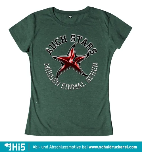 Ein roter Stern umgeben von weißem Text "Auch Stars müssen einmal gehen" auf grünem Hintergrund.