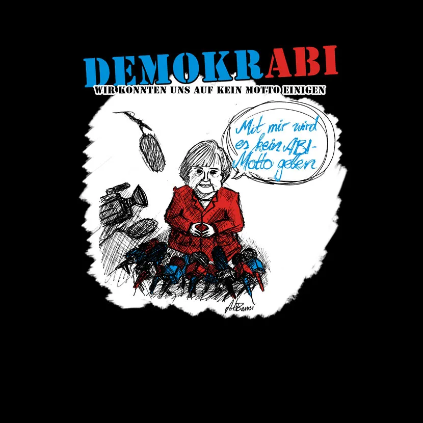 Illustration einer älteren Frau in roter Jacke umgeben von Kraken, mit Sprechblase "Mit mir wird es kein 4B1-Motto geben".