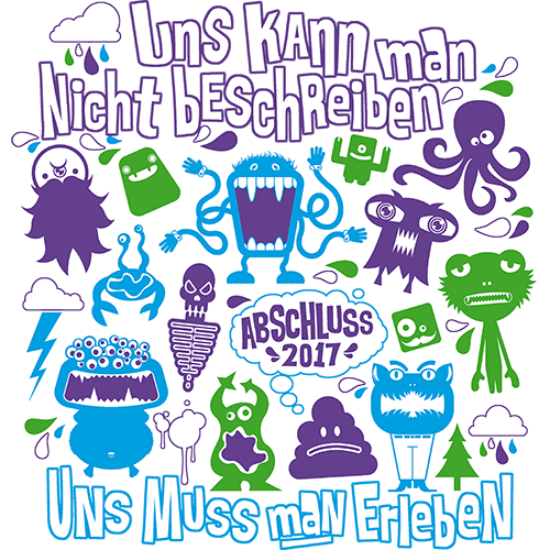 Vielfältige cartoonartige Monster und Symbole auf türkisfarbenem Hintergrund mit Text "Abschluss 2017".