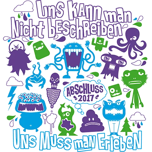 Vielfältige cartoonartige Monster und Symbole auf türkisfarbenem Hintergrund mit Text "Abschluss 2017".