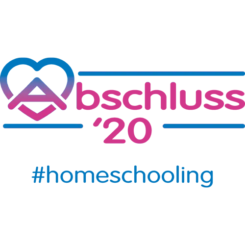 Grafik mit Text "Abschluss '20" und "homeschooling", Herz und Buchsymbol in Blau und Pink auf weißem Grund.