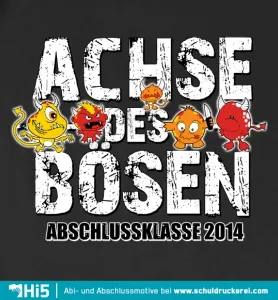 t-Shirt Design mit Text "Achse des Bösen, Abschlussklasse 2014" und Cartoon-Viren.