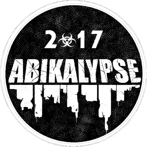 Schwarzes Rundes Logo mit '2*17 ABIKALYPSE' Text in Weiß auf gelbem Hintergrund.