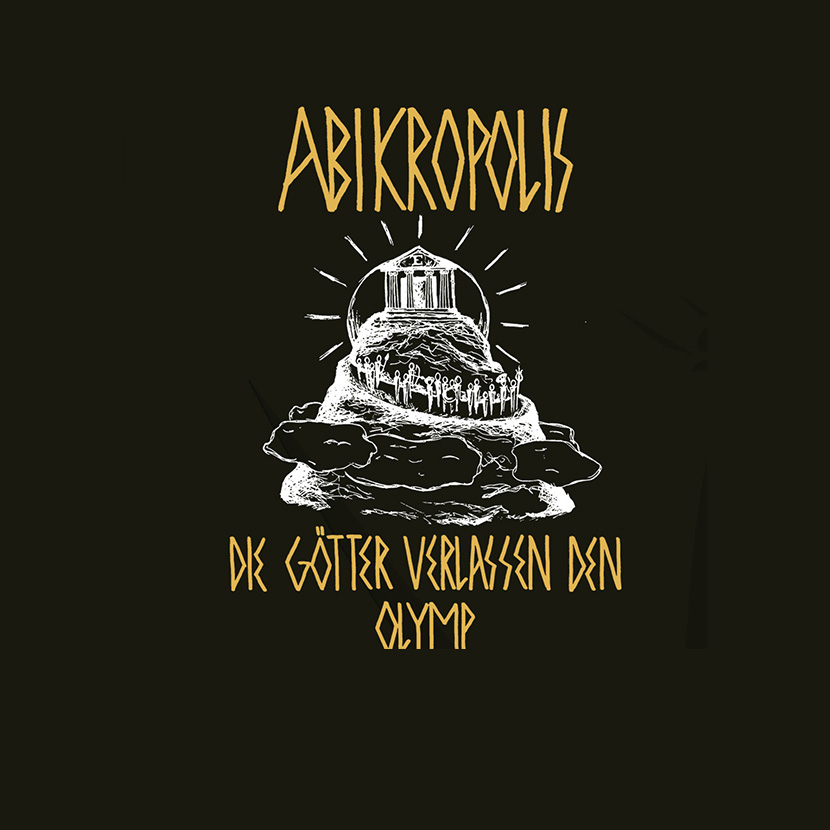 Illustration der Akropolis auf einem Hügel, umgeben von Personen, mit dem Text "Die Götter verlassen den Olymp".