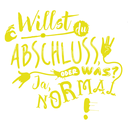 Schwarze Schrift auf gelbem Hintergrund, Worte und Symbole wie Handzeichen und Pfeil.