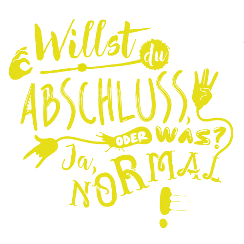 Schwarze Schrift auf gelbem Hintergrund, Worte und Symbole wie Handzeichen und Pfeil.