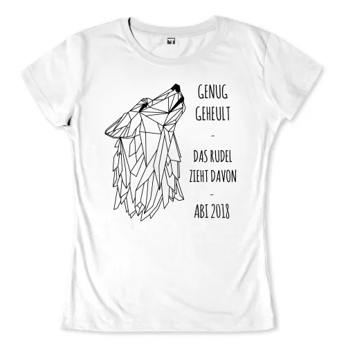 Grafische Darstellung eines Wolfs aus geometrischen Formen, umgeben von Text "Genug geheult - Das Rudel zieht davon - Abi 2018".