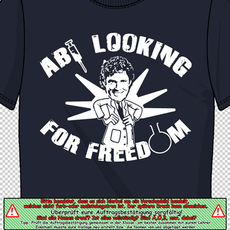 Schwarzes T-Shirt mit einem weißen Aufdruck, der eine lächelnde Person und den Text "LOOKING FOR FREEDOM" zeigt.