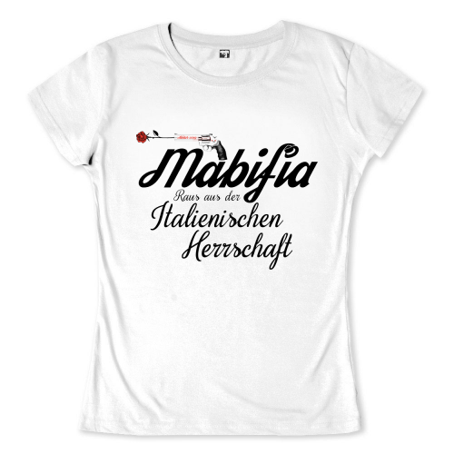Schwarzer Text "Mabifia Raus aus der Italienischen Herrschaft" mit einer Rose auf einer Pistole oben.