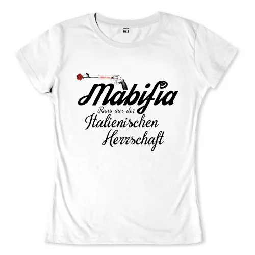 Schwarzer Text "Mabifia Raus aus der Italienischen Herrschaft" mit einer Rose auf einer Pistole oben.