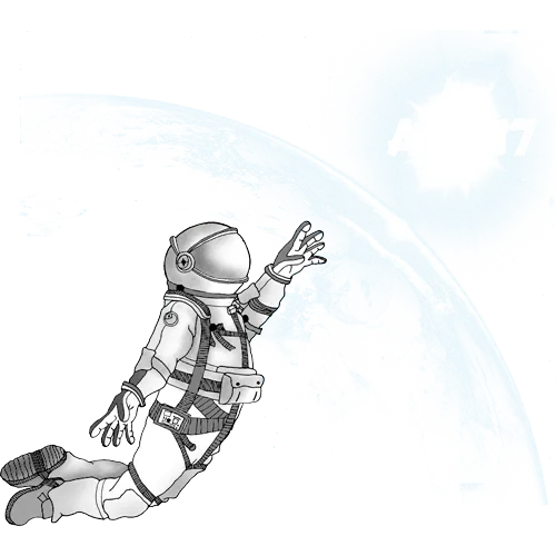 Astronaut schwebt im Weltraum, Erde und Sonne im Hintergrund, Text "ABI'17".