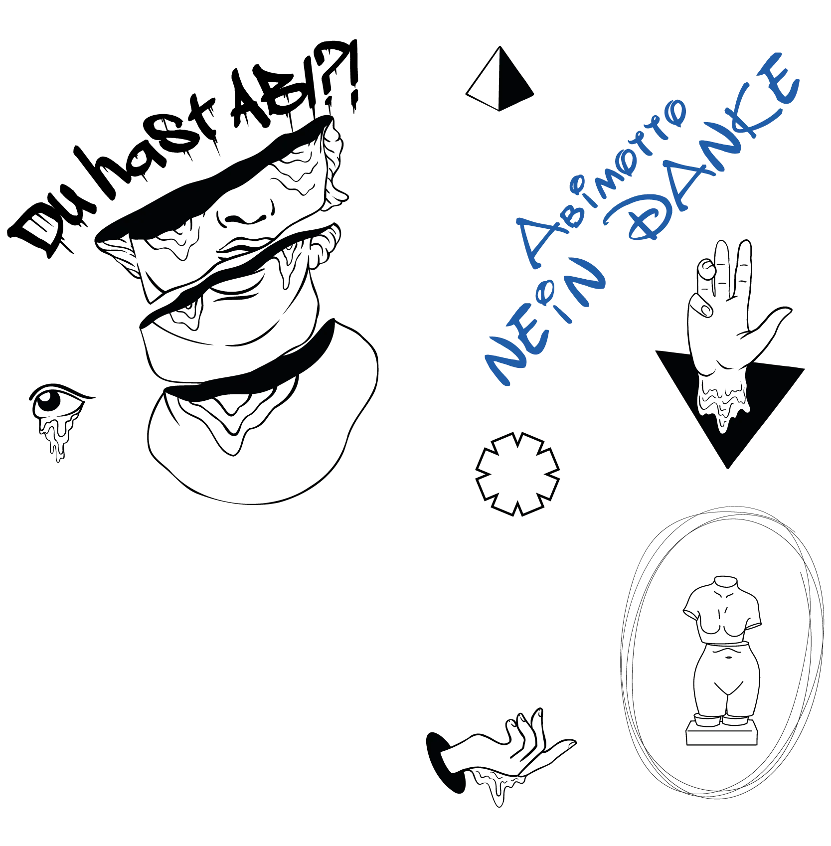 Strichzeichnung mit vermummter Figur links oben blauem Schriftzug ASI MORRO NERN DANCE rechts oben Hand in Pfeil und eingekreiste Figur unten rechts