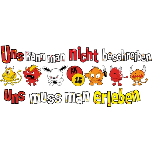 Grafik mit farbigen Cartoon-Monstern und dem Text 'Uns kann man nicht beschreiben, Uns muss man erleben'.