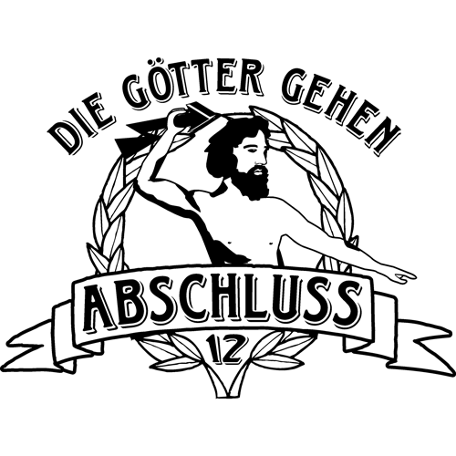 Graues T-Shirt mit Illustration und Text "Die Götter gehen Abi - Abschluss 12" in Schwarz und Weiß.