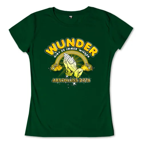 Grafik mit betenden Händen, Sternen, Regenbogen und Text 'Wunder gibt es immer wieder, Abschluss 2016'.