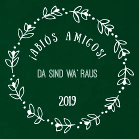 Schwarze Blattillustrationen bilden einen Kreis mit '¡Adiós Amigos! Da sind wa' raus 2019' in der Mitte.