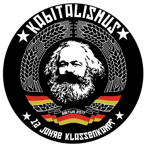 Rundes Emblem mit dem Porträt von Karl Marx, umgeben von Lorbeerkränzen und roten Bändern mit Text "13 Jahre Klassenkampf".