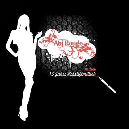 Silhouette einer stehenden Frau neben einer Textwolke mit Muster und Text "Abi Rouge".