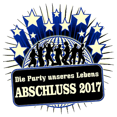 Illustration eines Abschluss-T-Shirts mit Tanzenden, Sternen und Text 'Die Party unseres Lebens ABSCHLUSS 2017'.