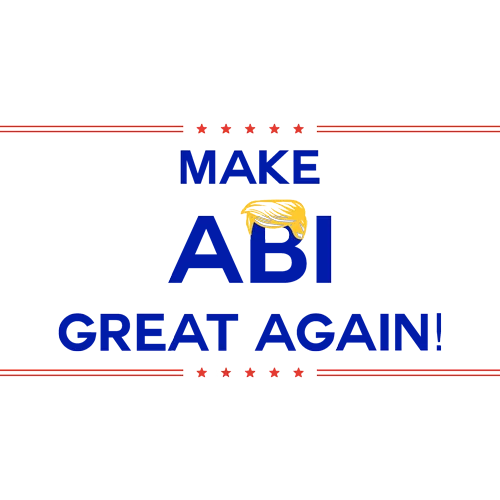 Grafik mit dem Text 'MAKE ABI GREAT AGAIN!' in Blau, flankiert von roten Linien und Sternen, auf grauem Hintergrund.