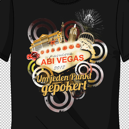 Schwarzes T-Shirt mit dem Aufdruck "ABI VEGAS 2012", darunter "Um jeden Punkt gepokert", mit farbenfrohen Grafiken.