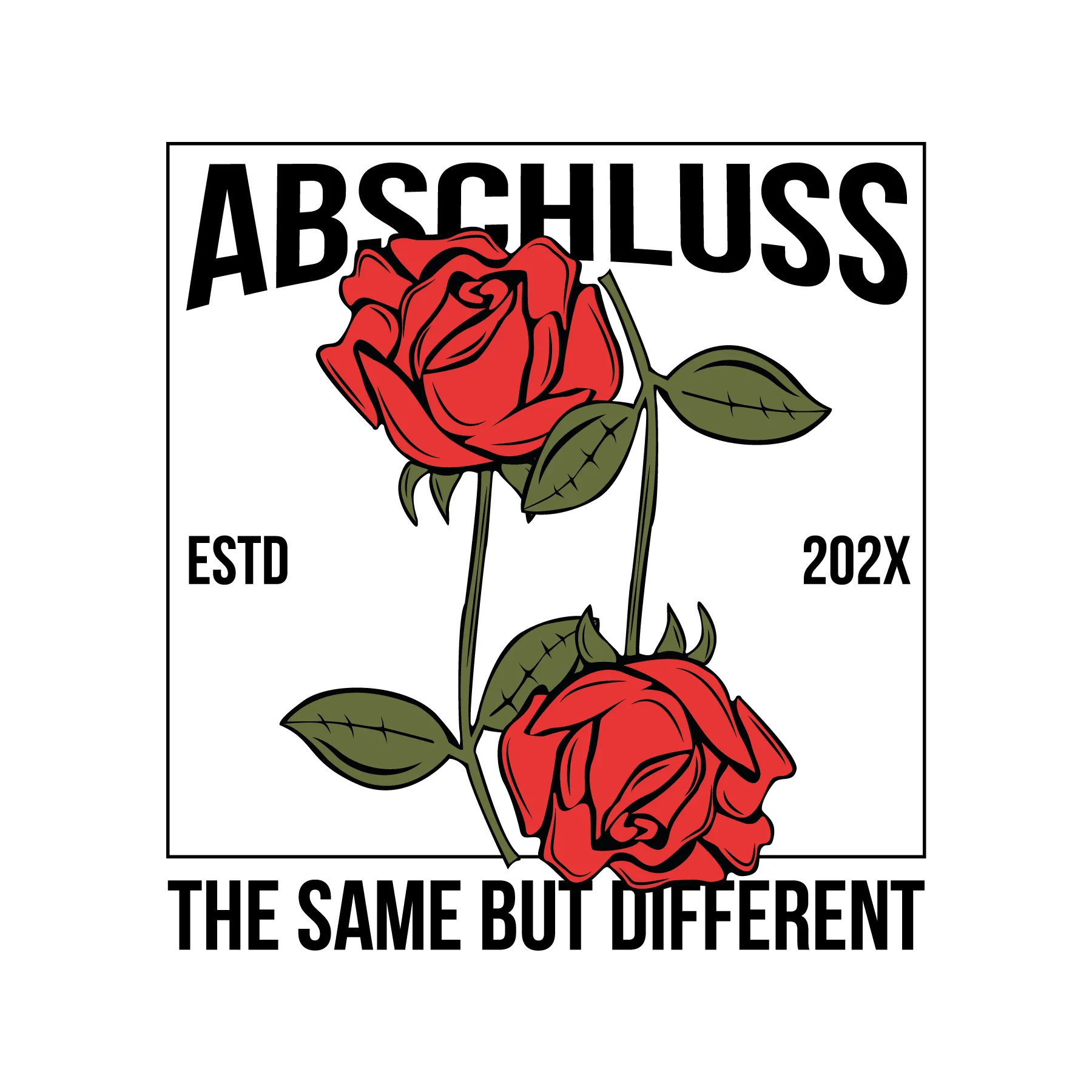 Zwei verschlungene rote Rosen mit grünen Blättern in Quadrat oben ABSCHLUSS links ESTD rechts 202X unten THE SAME BUT DIFFERENT