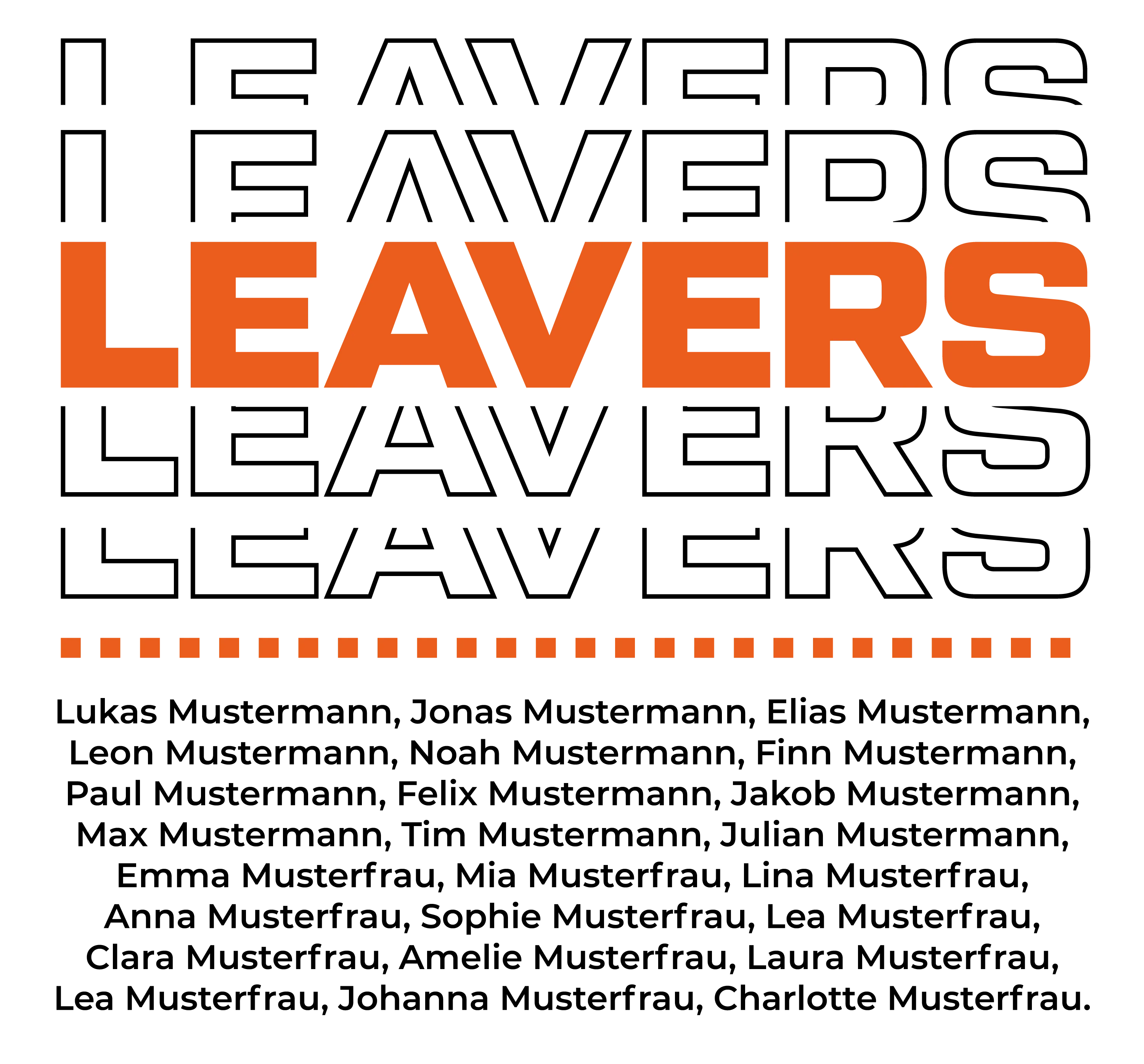 Orange Schriftzug LEAVERS in Grossbuchstaben auf schwarzem Hintergrund darunter eine Linie aus orangefarbenen Quadraten