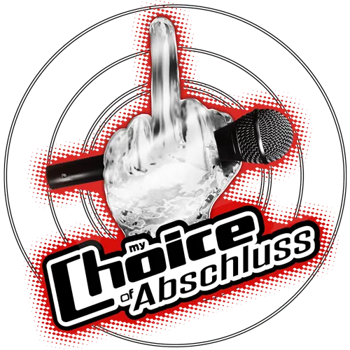 Ein stilisiertes Mikrofon und ein weißer Daumen nach oben auf einem dunkelroten Hintergrund mit dem Text "my Choice of Abschluss".