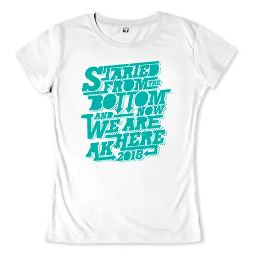 Textgrafik mit der Aufschrift "STARTED FROM THE BOTTOM AND NOW WE ARE HERE 2018" in hellem Grün auf schwarzem Hintergrund.