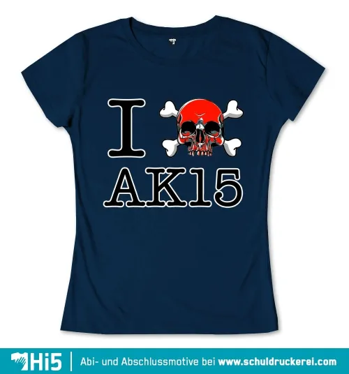 Dunkelblaues T-Shirt Design mit Schädel und Knochen, Text "I AK15" in Weiß.
