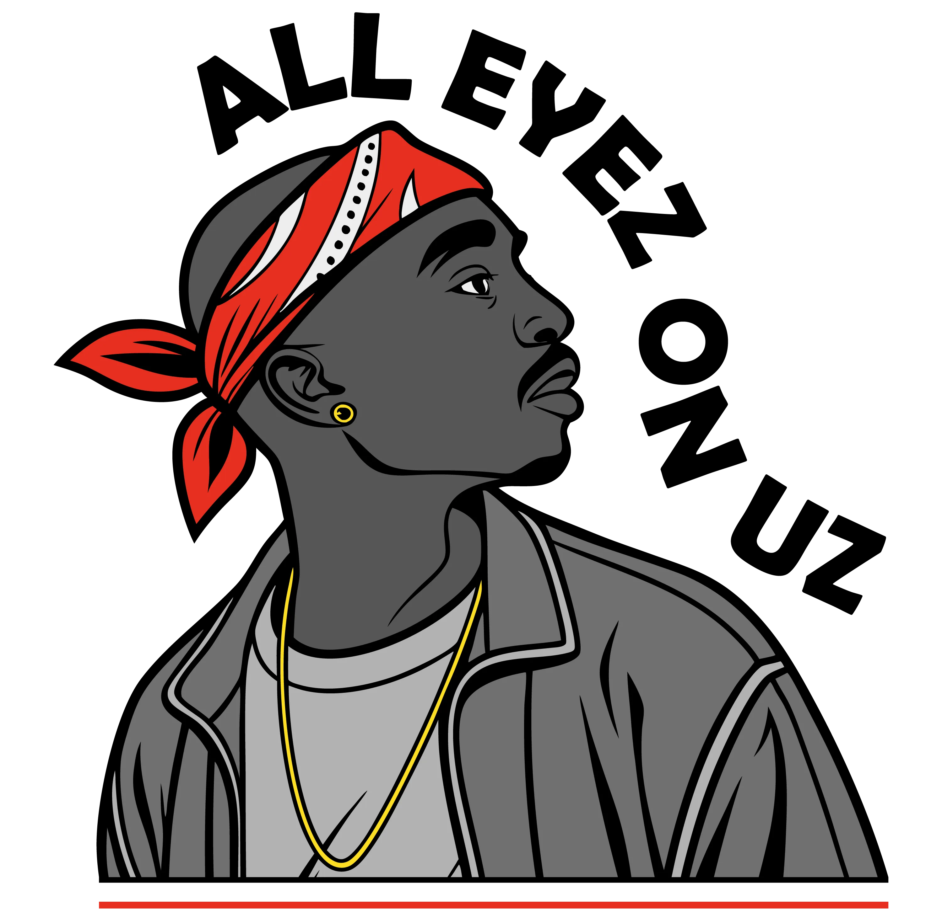 Profil eines Mannes in grauer Jacke und T Shirt mit rotem Bandana und goldener Halskette und Ohrring vor schwarzem Hintergrund