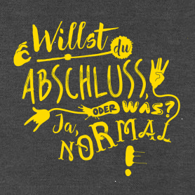 Schwarze Schrift auf gelbem Hintergrund, Worte und Symbole wie Handzeichen und Pfeil.
