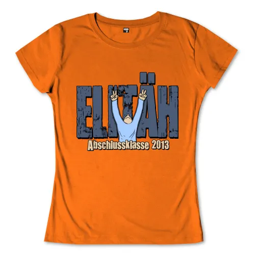 Grafik auf orangem Hintergrund, zeigt blauen Text "ELIAH" mit einer Person, die von unten winkt, und "Abschlussklasse 2013".