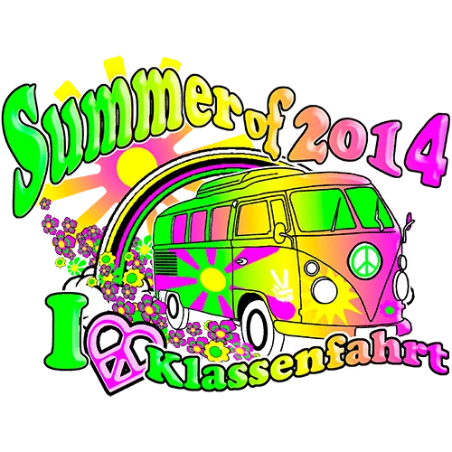 Buntes Design mit einem Hippie-Van, Regenbogen und dem Text 'Summer of 2014 I 