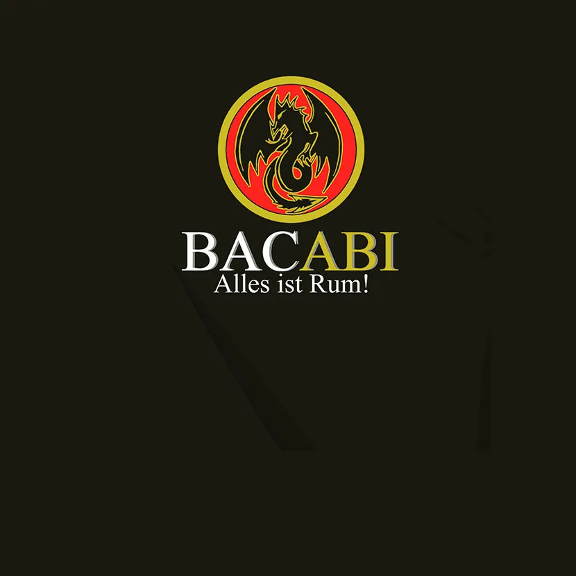 Logo eines Getränkebrands mit rotem Drachen auf schwarzem Grund und Schriftzug 'BACABI Alles ist Rum!'