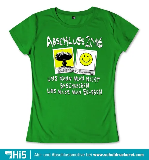 Grünes T-Shirt mit der Aufschrift "ABSCHLUSS 2016" und Bildern eines Baumes und lachenden Gesichts.