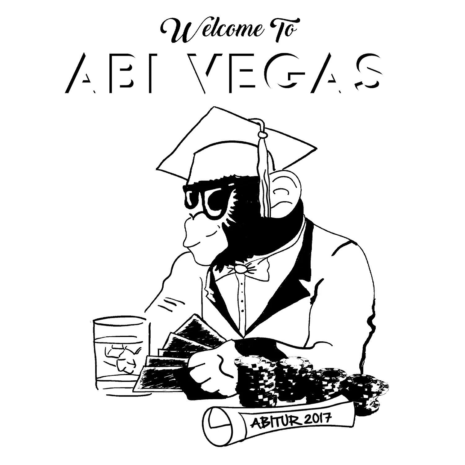 Illustration eines Affen als Absolvent mit Karten und Chips, "Welcome to ABIT Vegas" Text.