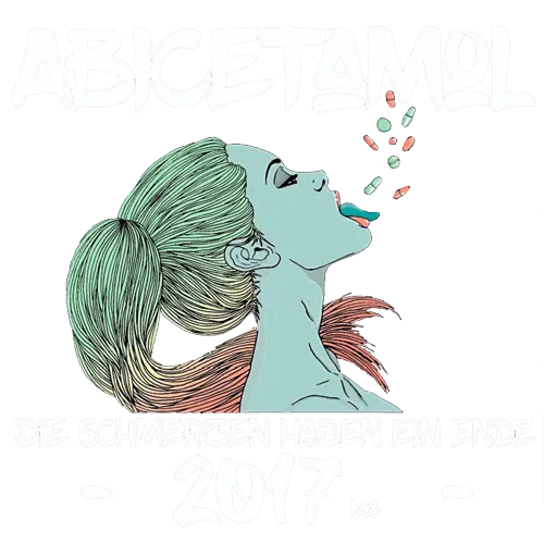 Profil einer Frau, die farbige Tabletten schluckt, mit Text "ABICETAMOL DIE SCHMERZEN HABEN EIN ENDE 2017".