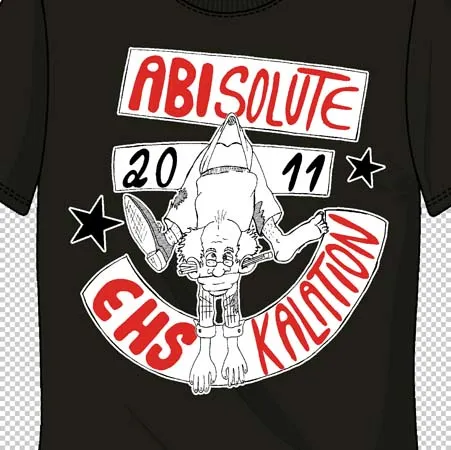 Grafik auf T-Shirt zeigt ein umgekehrtes Zeichentrickfigur mit Brille, umgeben von Text "ABSOLUTE EHS KALTION" und "2011".