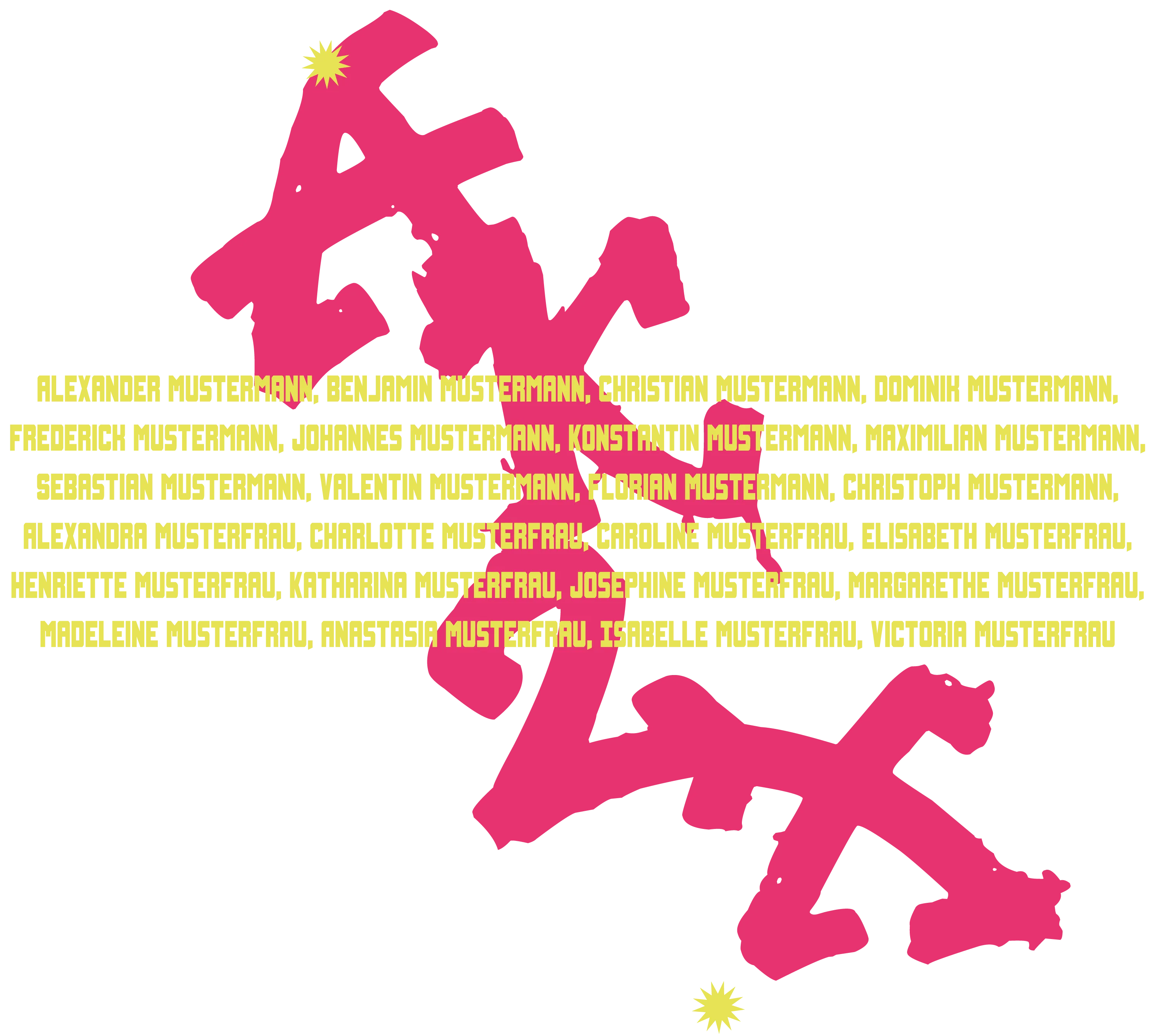 Black background with large pink graffiti shape over yellow rows of male Mustermann and female Musterfrau names and two small yellow starburst shapes