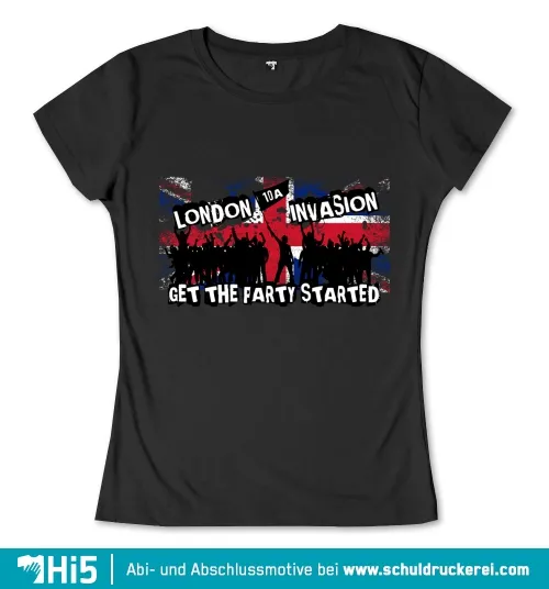 Grafik mit britischer Flagge, Silhouetten einer feiernden Menge und Text "London 10A Invasion Get The Party Started".