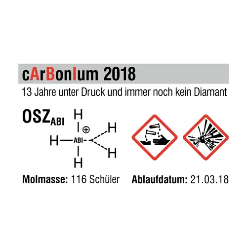 Chemische Strukturformel mit Text und Symbole, "13 Jahre unter Druck und immer noch kein Diamant", 116 Schüler.