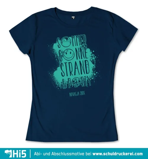 Dunkles Design mit neonblaue Text "Sommer, Sonne, Strand & Poesie, Novalja 201X".