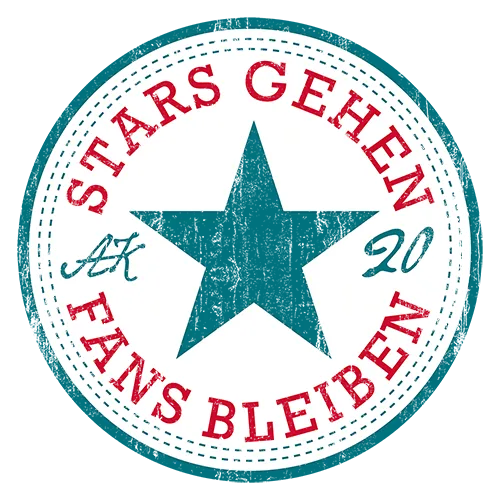 Rundes, abgenutztes Logo mit großem Stern und Text "STARS GEHEN FANS BLEIBEN" in einem Kreis.