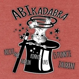 Zeichnung eines Hasen in einem Zauberhut mit "ABIKADABRA" und Sternen.