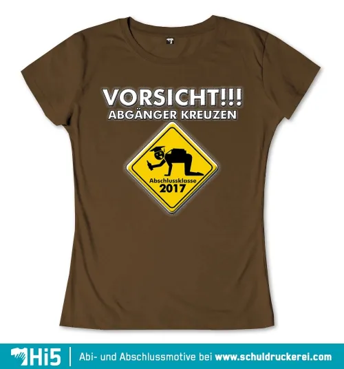 Gelbes Warndreieck mit Text 'VORSICHT!!! ABGÄNGER KREUZEN' und lustiger Grafik eines feiernden Absolventen.
