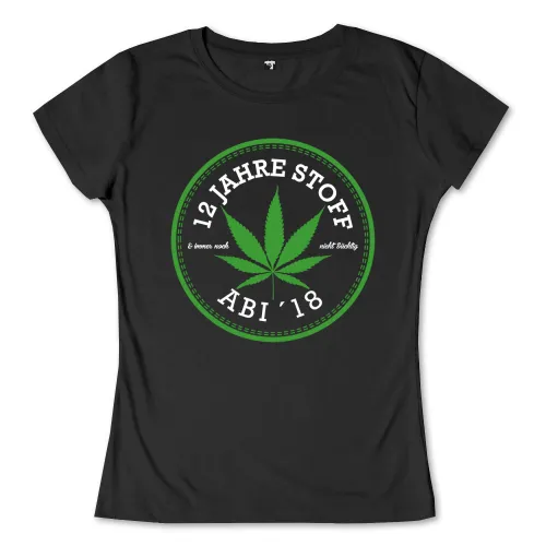 Rundes Logo mit Cannabisblatt und Text "12 Jahre Stoff ABI '18" auf dunklem Hintergrund.
