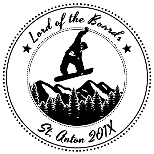 Silhouette eines Snowboarders über Bergen, umgeben von Text "Lord of the Board St. Anton 2017".