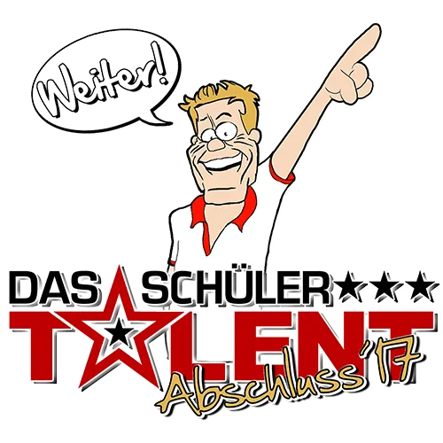 Comiczeichnung eines Mannes mit Brille, der nach rechts zeigt und "Weiter!" sagt, umgeben von Sternen und dem Text "DAS SCHÜLER TALENT ABSCHLUSS".